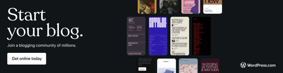 Promotional image for WordPress.com inviting users to start their blog, featuring a collage of various blog layouts and themes.