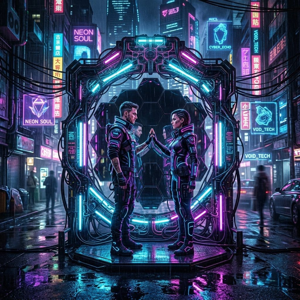 Two cyberpunk characters in black suits with neon accents touching hands inside a circular neon-lit portal on a rainy urban street