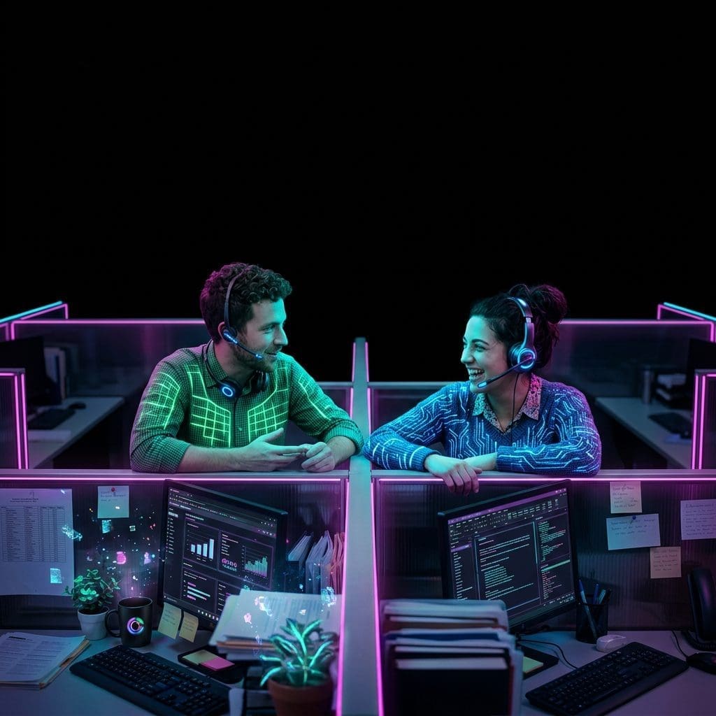 Two coworkers leaning on cubicle dividers talking and smiling in an office