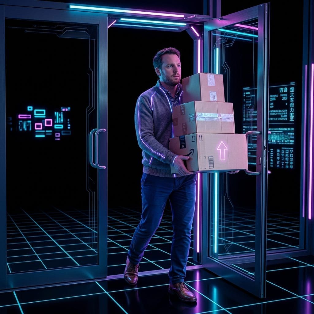 Man carrying three cardboard boxes while entering an office through glass doors
