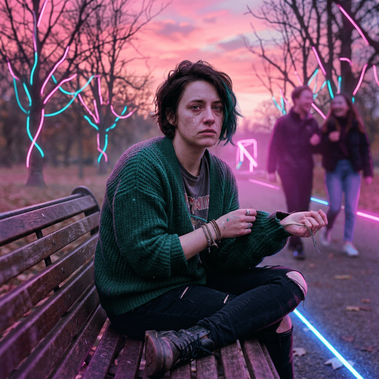 Young woman with turquoise hair sitting alone on a bench in park looking distressed