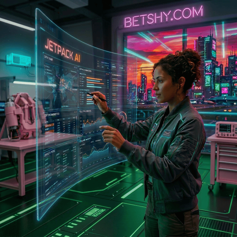 Woman using a transparent curved touchscreen displaying AI data and world maps