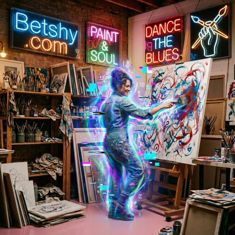 Artist painting colorful abstract artwork in a vibrant studio