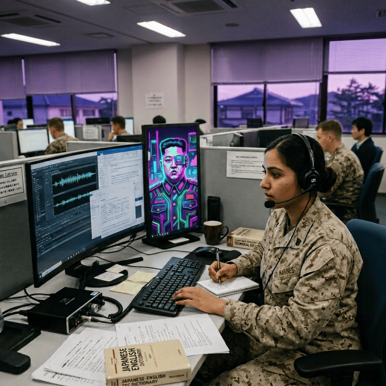 Marine in uniform with headset working on language analysis at computer station